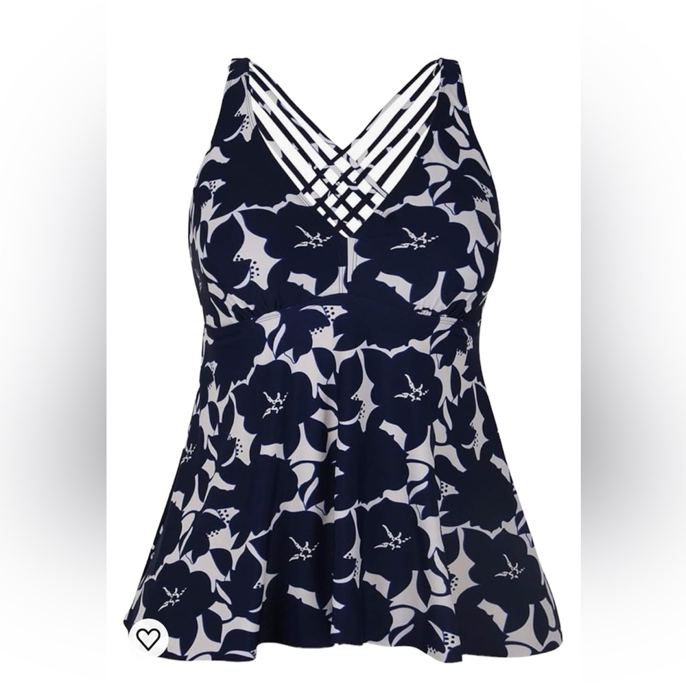 Navy and white floral tankini